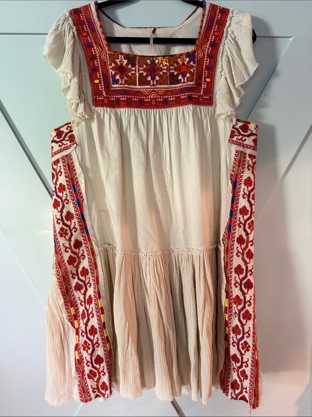 Free People Cream Mini Dress with Red Embroidered Accents